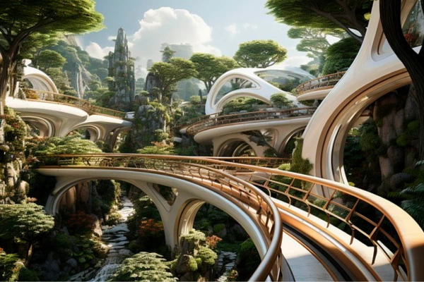 Edifício moderno com fachada verde e jardins verticais internos